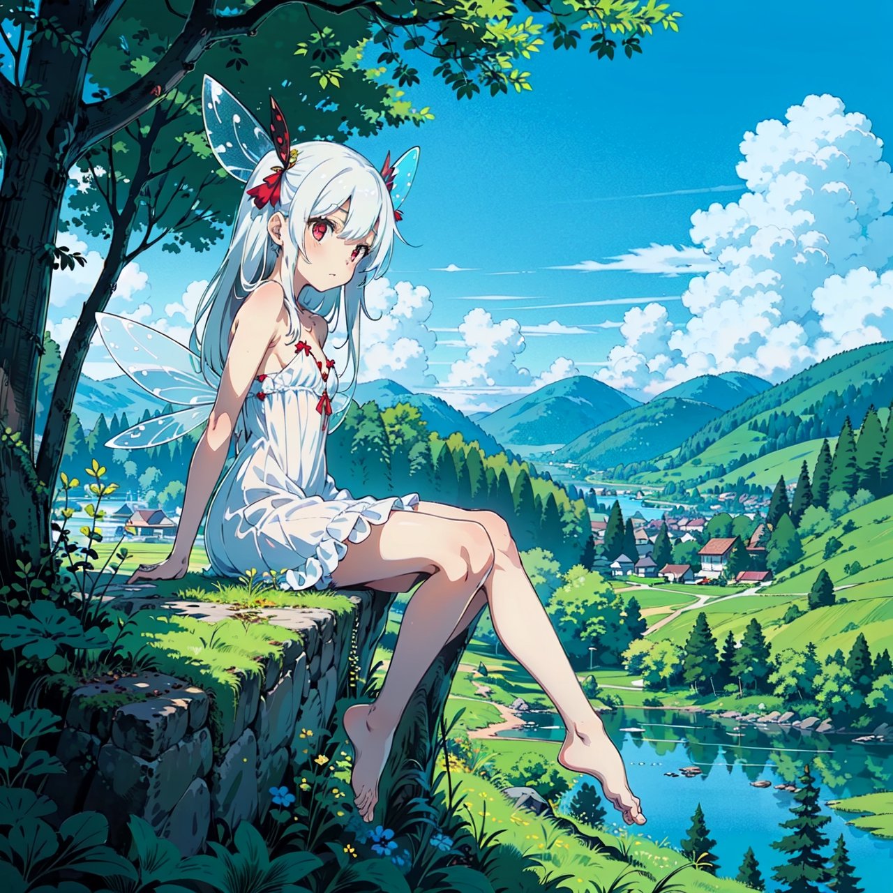 1girl, sole female, long hair, white hair, jitome, red eyes, flat chest, fairy clothes, fairy wings, white dress, forest baclground, lake, blue sky, bare foots