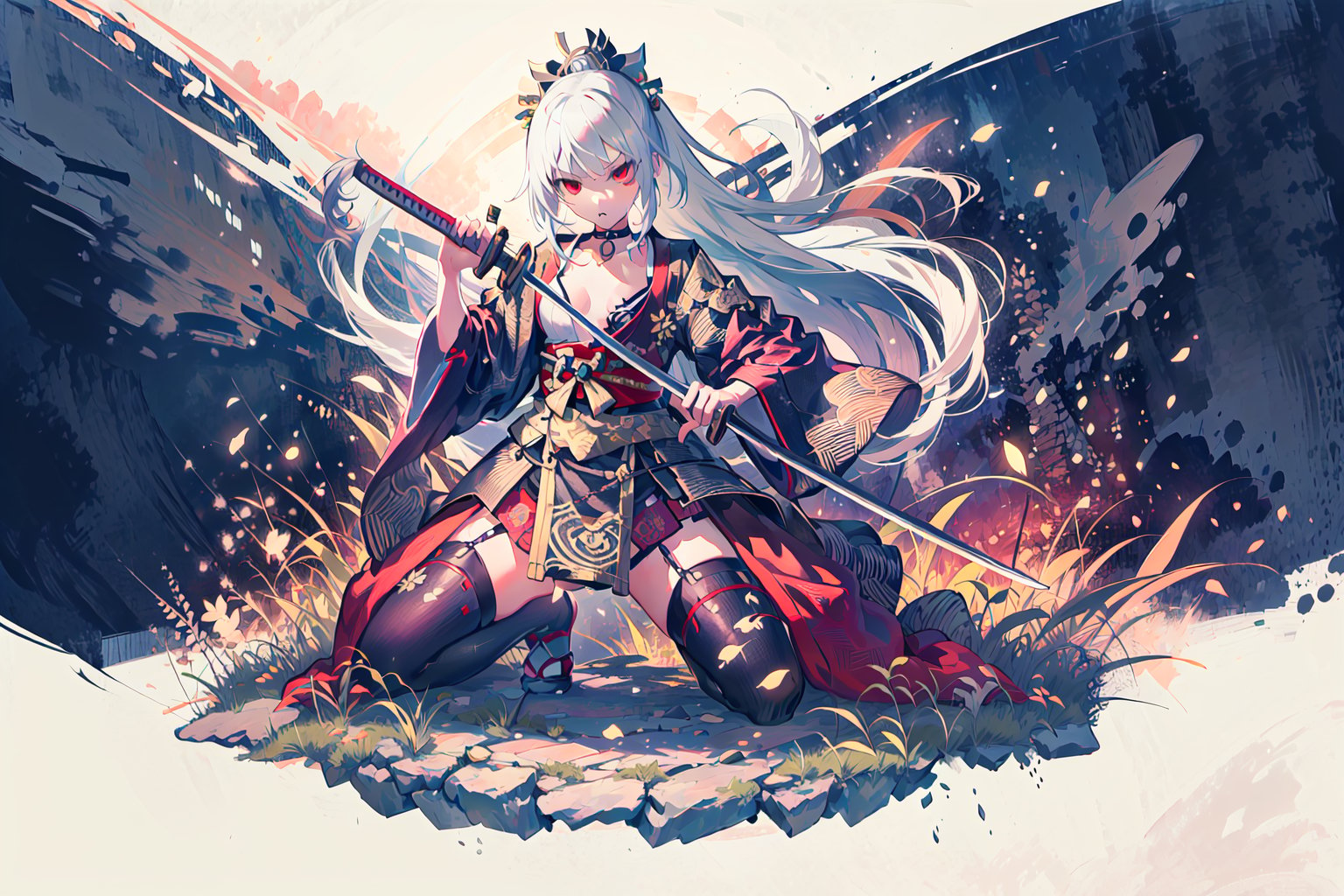 1girl, solo, (white hair:1.2), long hair, red eyes, jitome, choker, small breast, small girl, samurai clothes, japan forest background, holding katana