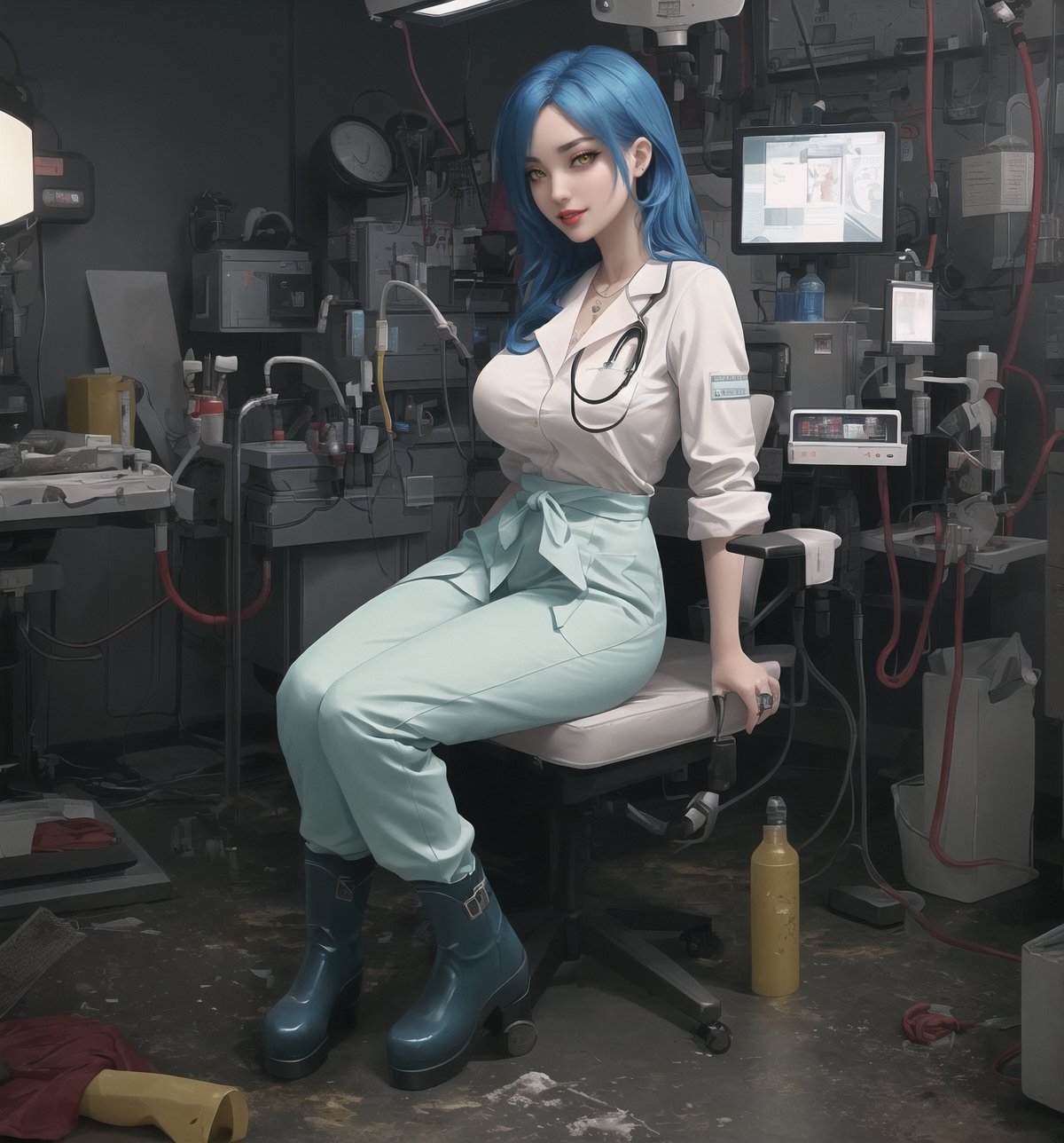 An ultra-detailed 16K masterpiece with horror and macabre styles, rendered in ultra-high resolution with graphic detail. | Aria, a 32-year-old woman, is dressed in a doctor's outfit, consisting of a white shirt, green pants and a surgical gown. She is also wearing a surgical mask, latex gloves and rubber boots. Her blue hair is short and unkempt, with a few locks tucked behind her ears. She has yellow eyes, looking at the viewer while smiling sensually, showing her teeth and wearing red lipstick. It is located in a macabre operating room, with filthy hospital structures, metal structures, destroyed machines and a macabre and filthy environment. The scene is lit by fluorescent lights, creating eerie shadows on the walls. There are surgical instruments scattered around the place, creating an environment of tension and fear. | The image highlights Aria's sensual figure and the macabre elements of the operating room, as well as the detailed textures on the structures, instruments and machines. | Dark and sinister lighting effects create a frightening and tense atmosphere, while Aria's sensual pose adds a seductive touch to the image. | A horror and seductive scene of a female doctor in a macabre operating room, exploring themes of fear, tension and sensuality. | (((The image reveals a full-body shot as Aria assumes a sensual pose, engagingly leaning against a structure within the scene in an exciting manner. She takes on a sensual pose as she interacts, boldly leaning on a structure, leaning back and boldly throwing herself onto the structure, reclining back in an exhilarating way.))). | ((((full-body shot)))), ((perfect pose)), ((perfect limbs, perfect fingers, better hands, perfect hands)), ((perfect legs, perfect feet)), ((huge breasts)), ((perfect design)), ((perfect composition)), ((very detailed scene, very detailed background, perfect layout, correct imperfections)), Enhance, Ultra details++, More Detail