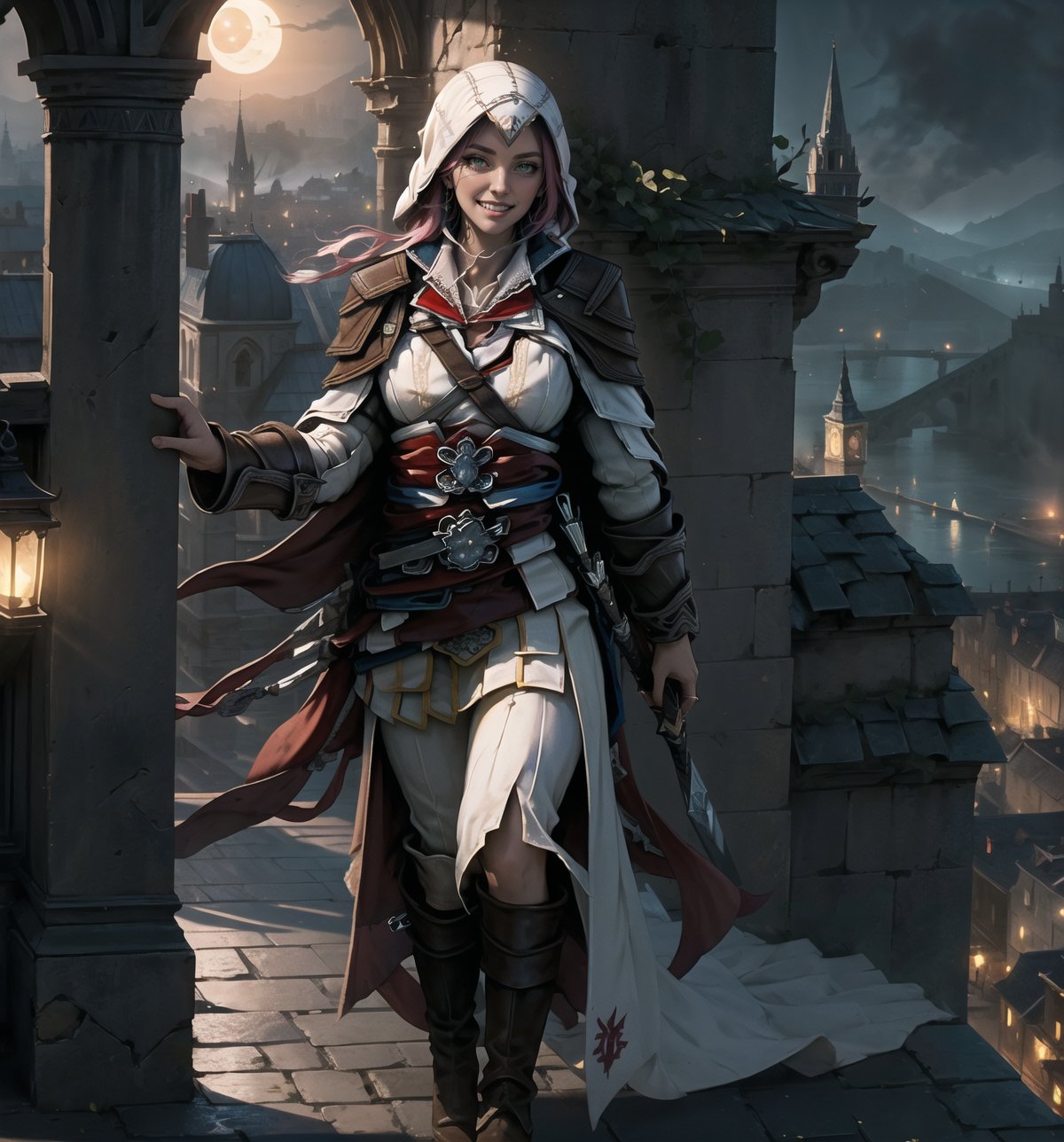 An ultra-detailed 16K masterpiece with ((Assassin's Creed)) and adventure styles, rendered in ultra-high resolution with realistic details. | Emily, a 30-year-old woman, dressed in an Assassin's Creed costume. The costume is white and gray, with black and red details, and has several accessories, such as a cape, a sword and a hidden blade. Her pink hair is long and wavy, tied into a high bun. She has green eyes, looking at the viewer, ((smiling and showing her teeth)). It is located on top of a cathedral at night, with a panoramic view of the city below. The place is historic and mysterious, with an atmosphere of adventure and danger. | The image highlights Emily's powerful and imposing figure and the historic and mysterious elements of the cathedral. The cathedral, the cloak, the sword and the hidden blade, together with the woman, create a magical and exciting environment. The panoramic view of the city at night adds a touch of drama and mystery to the setting. The shadows created by the moonlight highlight the details of the scene and create a tense and energetic atmosphere. | Dramatic and moody lighting effects create a mysterious and immersive atmosphere, while detailed textures on the structures, cape and costume add realism to the image. | A moving and historic scene of a woman in an Assassin's Creed costume atop a cathedral at night, exploring themes of adventure, mystery and danger. | (((The image reveals a full-body_shot as Emily assumes a sensual pose, engagingly leaning against a structure within the scene in an exciting manner. She takes on a sensual pose as she interacts, boldly leaning on a structure, leaning back and boldly throwing herself onto the structure, reclining back in an exhilarating way.))). | (((full-body_shot))), ((perfect pose)), ((perfect fingers, better hands, perfect hands)), ((perfect legs, perfect feet)), ((huge breasts)), ((perfect design)), ((perfect composition)), ((very detailed scene, very detailed background, perfect layout, correct imperfections)), More Detail, Enhance