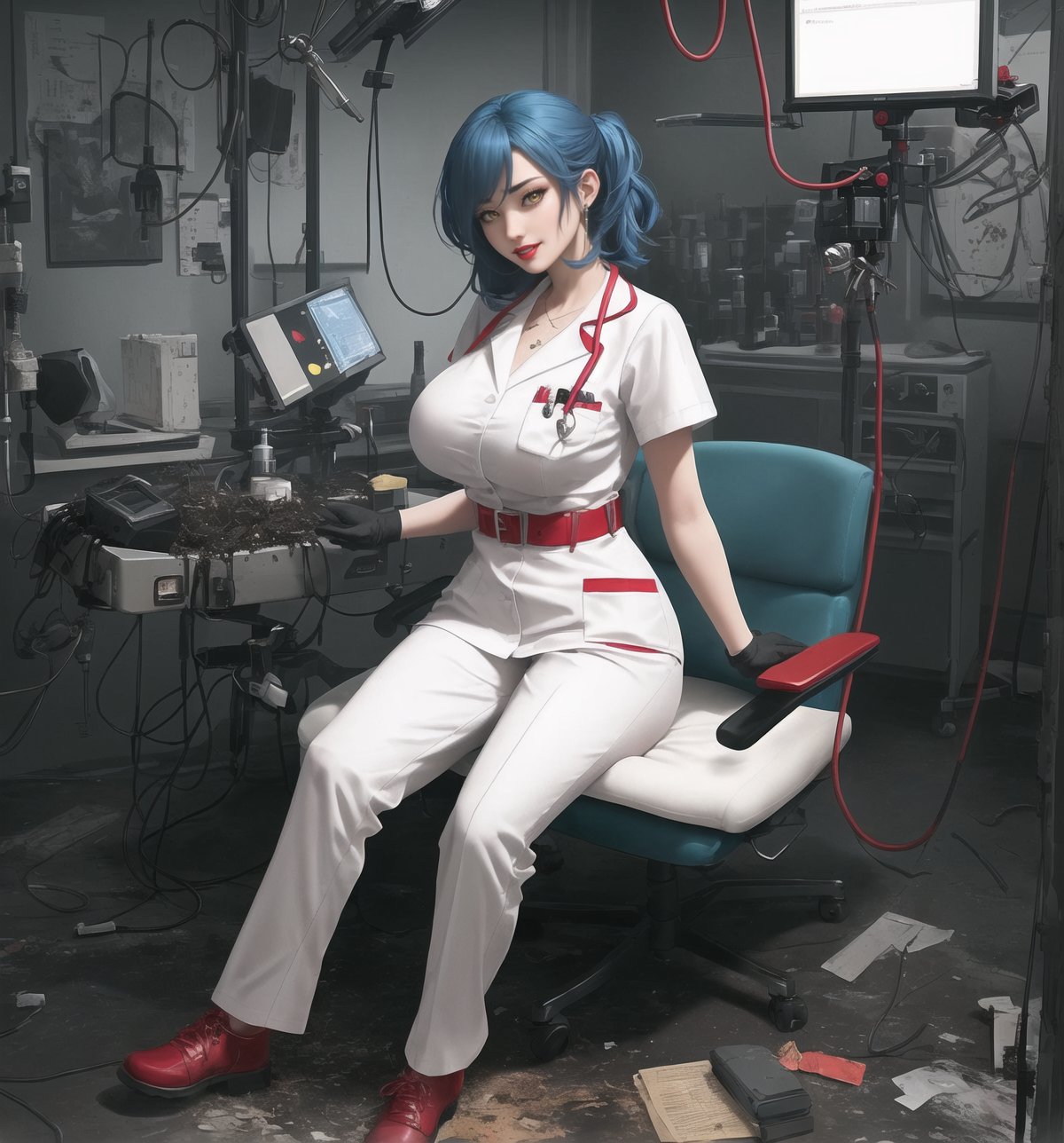 An ultra-detailed 16K masterpiece with ((horror and macabre styles)), rendered in ultra-high resolution with graphic detail. | Aria, a 32-year-old woman, is dressed in a doctor's outfit, consisting of a white shirt, green pants and a surgical gown. She is also wearing a surgical mask, latex gloves and rubber boots. Her blue hair is short and unkempt, with a few locks tucked behind her ears. She has yellow eyes, looking at the viewer while smiling sensually, showing her teeth and wearing red lipstick. It is located in a macabre operating room, with filthy hospital structures, metal structures, destroyed machines and a macabre and filthy environment. The scene is lit by fluorescent lights, creating eerie shadows on the walls. There are surgical instruments scattered around the place, creating an environment of tension and fear. | The image highlights Aria's sensual figure and the macabre elements of the operating room, as well as the detailed textures on the structures, instruments and machines. | Dark and sinister lighting effects create a frightening and tense atmosphere, while Aria's sensual pose adds a seductive touch to the image. | A horror and seductive scene of a female doctor in a macabre operating room, exploring themes of fear, tension and sensuality. | (((The image reveals a full-body shot as Aria assumes a sensual pose, engagingly leaning against a structure within the scene in an exciting manner. She takes on a sensual pose as she interacts, boldly leaning on a structure, leaning back and boldly throwing herself onto the structure, reclining back in an exhilarating way.))). | ((((full-body shot)))), ((perfect pose)), ((perfect limbs, perfect fingers, better hands, perfect hands)), ((perfect legs, perfect feet)), ((huge breasts)), ((perfect design)), ((perfect composition)), ((very detailed scene, very detailed background, perfect layout, correct imperfections)), Enhance++, Ultra details++, More Detail++