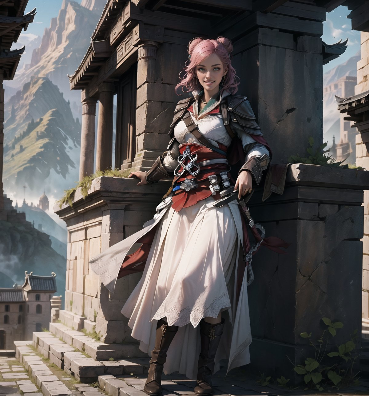 An ultra-detailed 16K masterpiece with Adventure and ((Assassin's Creed)) styles, rendered in ultra-high resolution with realistic details. | Sophia, a 25-year-old woman, dressed in an Assassin's Creed costume. The costume is white and gray, with black and red details, and has several accessories, such as a cape, a sword and a hidden blade. Her pink hair is long and wavy, tied into a high bun. She has green eyes, looking at the viewer, ((smiling and showing her teeth)). It is located in an ancient assassin temple in Rome, with rock structures and an altar in the center. The mountain landscape in the background adds a mysterious and adventurous atmosphere to the place. | The image highlights the powerful and imposing figure of Sophia and the historic and mysterious elements of the temple. The rock structures, the altar, the cloak, the sword and the hidden blade, together with the woman, create a magical and exciting environment. The mountain landscape in the background adds a touch of drama and mystery to the scene. The shadows created by the sunlight highlight the details of the scene and create a tense, energetic atmosphere. | Dramatic and vibrant lighting effects create a magical and immersive atmosphere, while detailed textures on the structures, cape and costume add realism to the image. | A moving, historical scene of a woman in an Assassin's Creed costume in an ancient assassin temple in Rome, exploring themes of adventure, mystery and danger. | (((The image reveals a full-body_shot as Sophia assumes a sensual pose, engagingly leaning against a structure within the scene in an exciting manner. She takes on a sensual pose as she interacts, boldly leaning on a structure, leaning back and boldly throwing herself onto the structure, reclining back in an exhilarating way.))). | (((full-body_shot))), ((perfect pose)), ((perfect fingers, better hands, perfect hands)), ((perfect legs, perfect feet)), ((huge breasts)), ((perfect design)), ((perfect composition)), ((very detailed scene, very detailed background, perfect layout, correct imperfections)), More Detail, Enhance