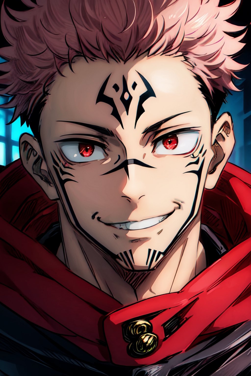 (masterpiece), best quality, expressive eyes, perfect face, looking at viewer, front view, close-up on face, 1male, SUKUNA, smile, red eyes, pink hair, TATTOO_ON_HIS_FACE, school uniform, black jacket, red hood, street, city, night, itadori yuji,itadori yuuji