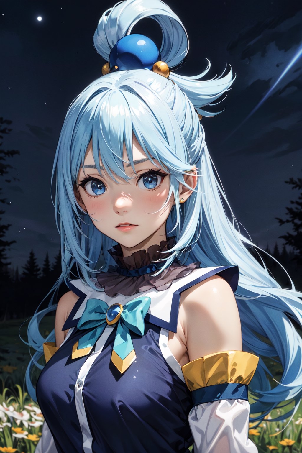 (masterpiece), best quality, expressive eyes, perfect face, looking at viewer, 1girl, solo, (portrait), (upper body), mature female, sleeveless dress, ribbon on dress, bare shoulders, detached sleeves, blue eyes, blue hair, long hair, hair ornament, hair rings, single hair ring, medium breasts, (field), (night), sky, aaaqua