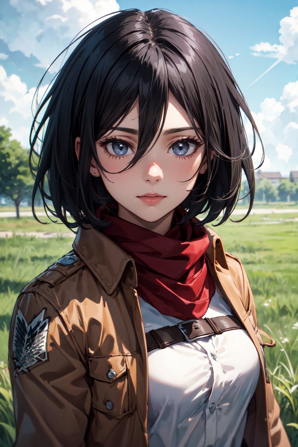 (masterpiece), best quality, expressive eyes, perfect face, looking at viewer, 1girl, solo, (portrait), (upper body), mature female, white shirt, brown jacket, emblem, scarf, red scarf, (perfect breasts), muscular, black eyes, black hair, short hair, (pasture), sky, hmmikasa