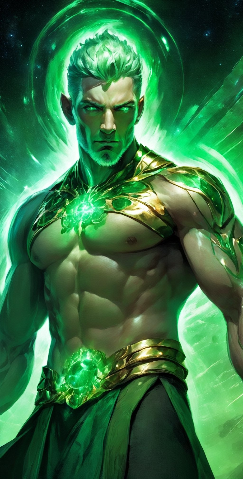Visualize a Lenkaizm art style, avatar, 1 old man, manly character, ethereal form, perfect anatomy, detailed face, perfect eye, superhero, short spike green hair, emerald_beard,facial_hair, detailed muscular body, dynamic pose, tribal, highest quality, 8K, hyperdetail, looking at viewer, standing symetrical, mixed emerald element, shiny_skin, depicting a emerald digital artificial intelligent entity, Lenkaizm style, photon energy veins, swirling liquid form of digital data, portrait, fisheye, medium shining light, glowing skin, bioluminescence entity, archaic, absolute masterpiece,EpicSky,Movie Still, planet earth in the background,cloud,gold_trim,claws,torn_cape