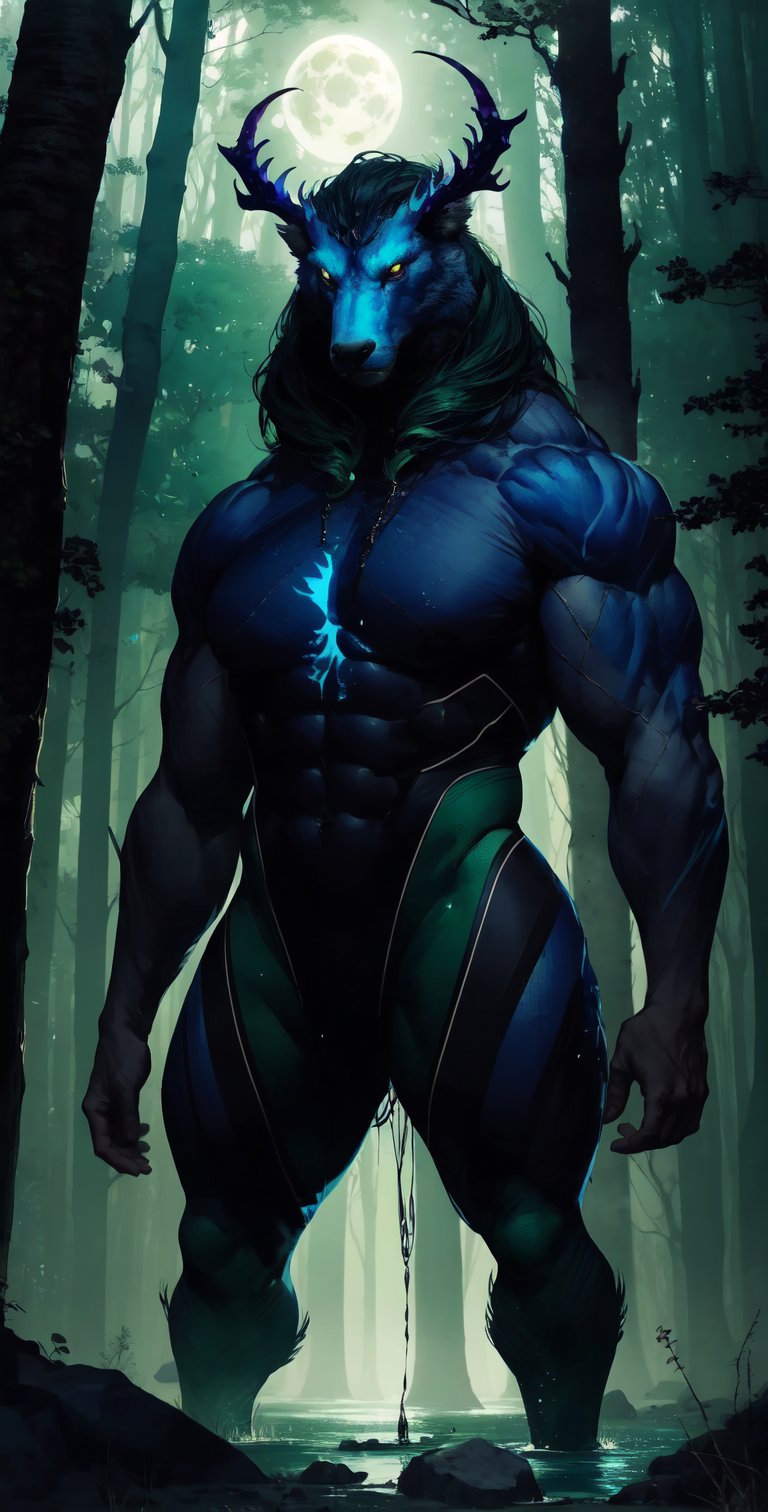 A towering, unnatural creature stands before a misty, moonlit forest backdrop. Its massive frame is almost entirely exposed muscle and tendons, with vibrant blue-green veins pulsing beneath the surface. The cryptid's gaze is fixed intently ahead, its expression a mix of intensity and contemplation as it surveys the surroundings.