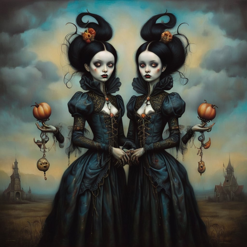 twins, in the style of esao andrews, baroque, black_hair, gothic