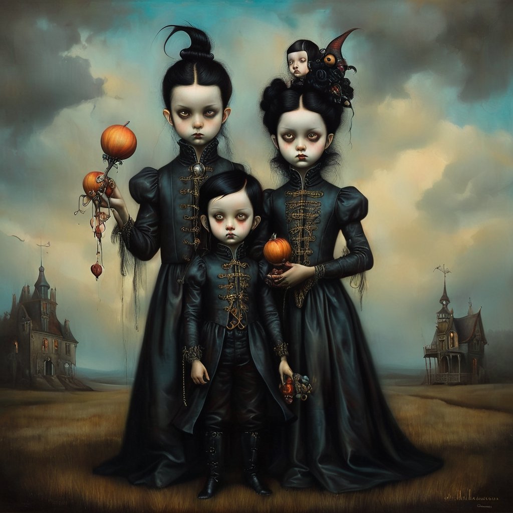 siblings, in the style of esao andrews, baroque, black_hair, gothic