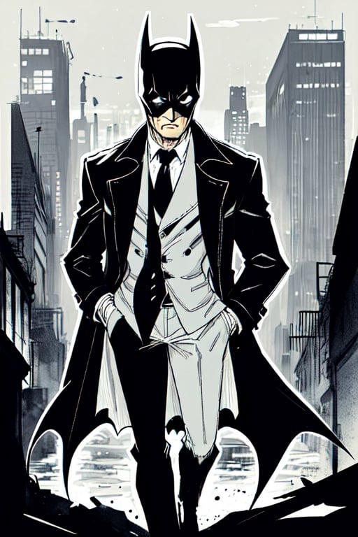 man with a trenchcoat, hands in his pocket, sketchlines, thin silouette, full figure, highly detailed, b&w, the batman
