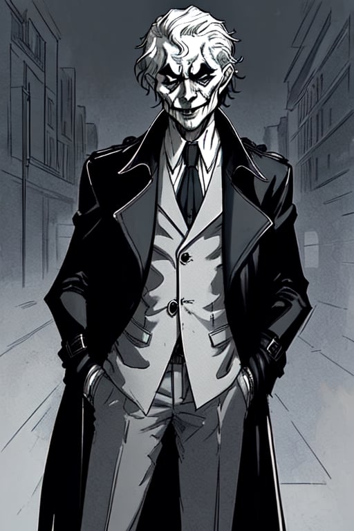 man with a trenchcoat, hands in his pocket, sketchlines, thin silouette, full figure, highly detailed, b&w, the joker
