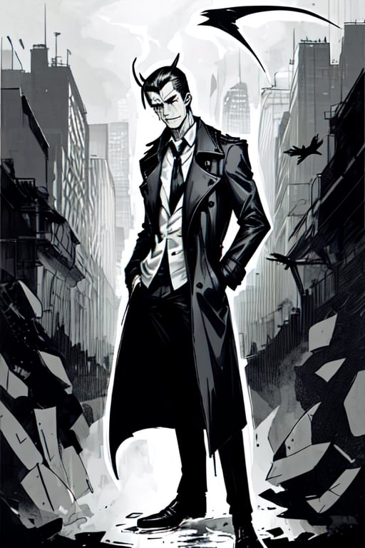 man with a trenchcoat, hands in his pocket, sketchlines, thin silouette, full figure, highly detailed, b&w, lucifer
