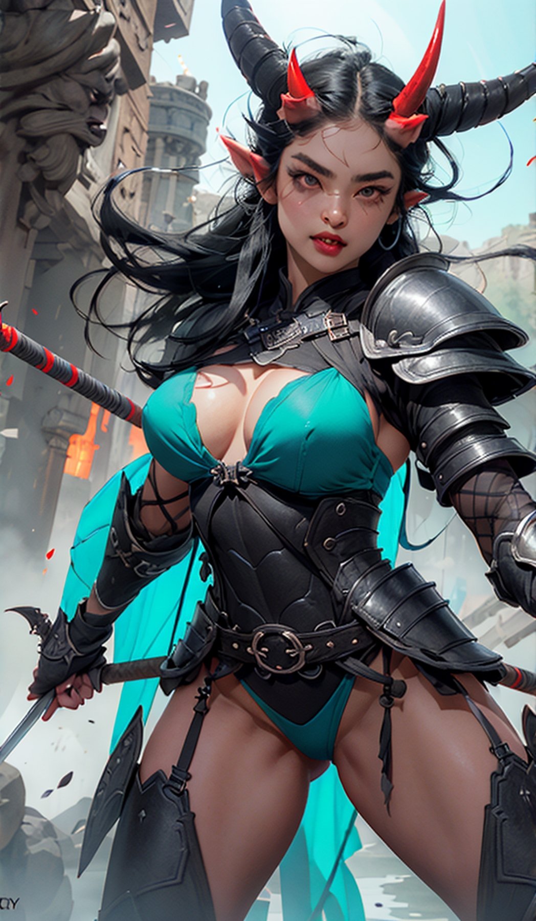 masterpiece, well illustrated, hd, charcoal particles, (((woman, long black hair (black, short horns), red left eye, light blue right eye, long eyelashes, round eyes, fangs, large body, heavy armor ))). (a scythe weapon in one hand), full body, purple light particles floating in the background, light, darkness, bags under the eyes, eyeliner ((watermark, Echo by Yawata)).,fantasy,Circle,weapon, lingerie