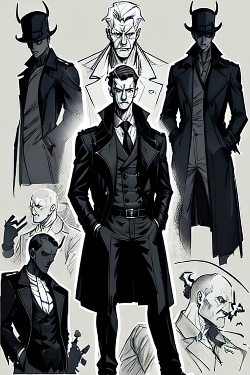 man with a trenchcoat, hands in his pocket, sketchlines, thin silouette, full figure, highly detailed, b&w, devil
