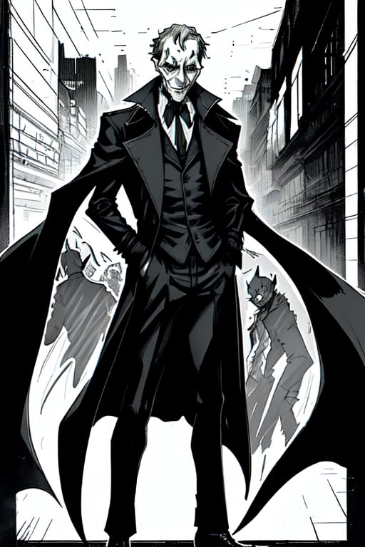 man with a trenchcoat, hands in his pocket, sketchlines, thin silouette, full figure, highly detailed, b&w, the joker
