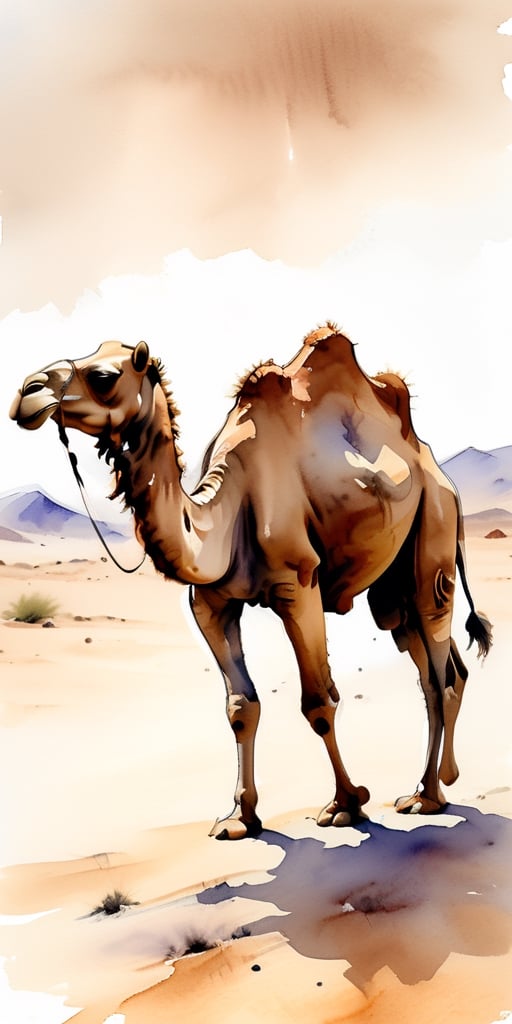 sketch of a camel walking in the desert, watercolour, monochromatic
