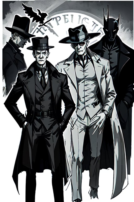 man with a trenchcoat, hands in his pocket, sketchlines, thin silouette, full figure, highly detailed, b&w, the sandman, dream
