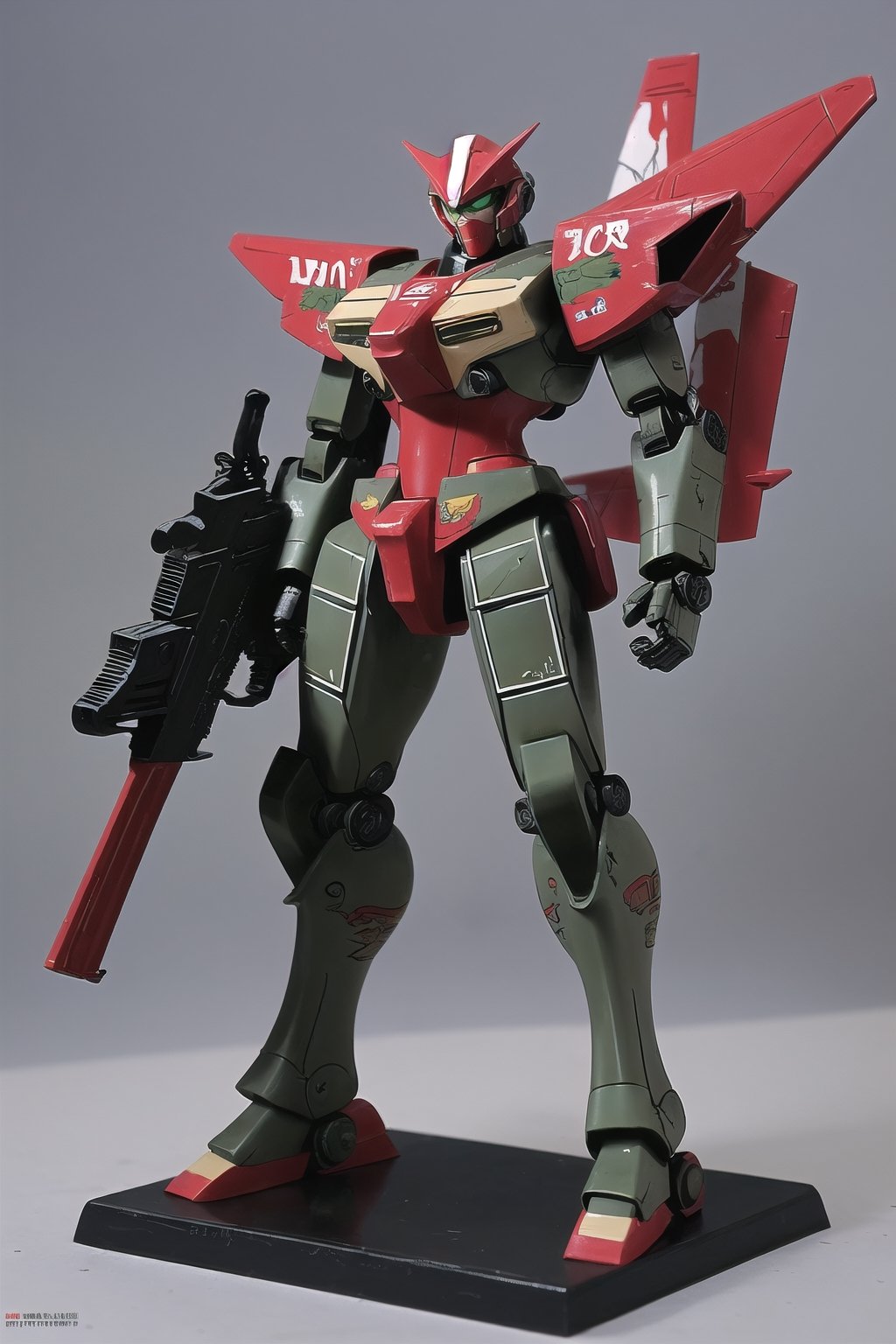 macross_mecha, full figure, F14_tomcat, super_robot, flying_pose, humanoid, combat_airplane, red, camouflage_paint, full_face_mask, beefy, shoulder cannon, standing pose, big rifle
