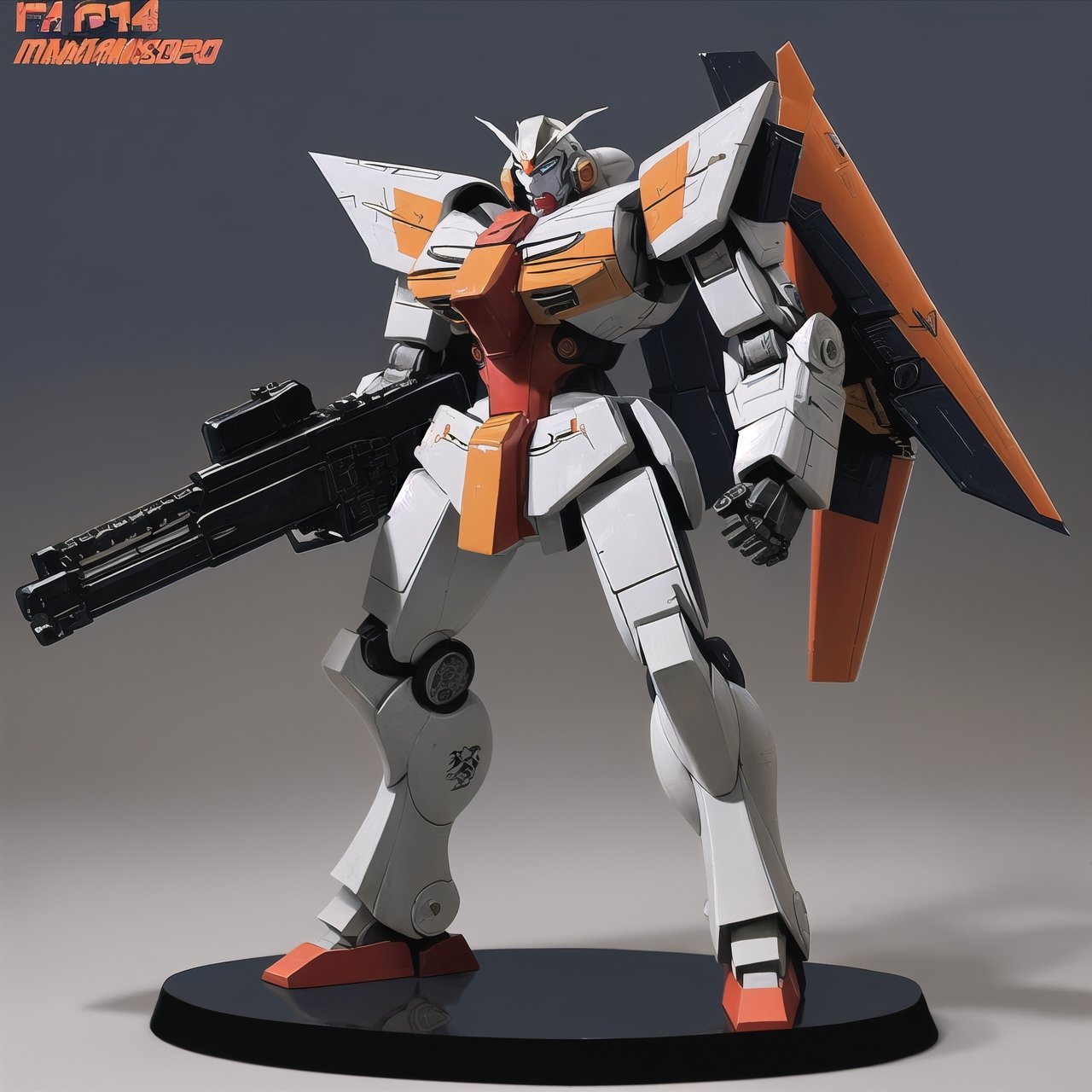 macross_mecha, full figure, F14_tomcat, super_robot, flying_pose, humanoid, combat_airplane, black&orange, camouflage_paint, full_face_mask, beefy, shoulder cannon, standing pose, big rifle, larger_legs, big calves
