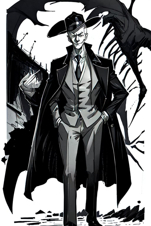 man with a trenchcoat, hands in his pocket, sketchlines, thin silouette, full figure, highly detailed, b&w, the sandman, dream
