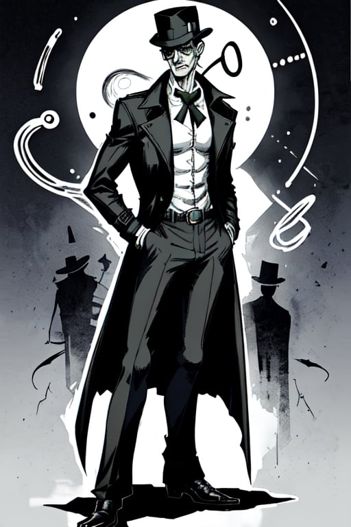 man with a trenchcoat, hands in his pocket, sketchlines, thin silouette, full figure, highly detailed, b&w, the riddler
