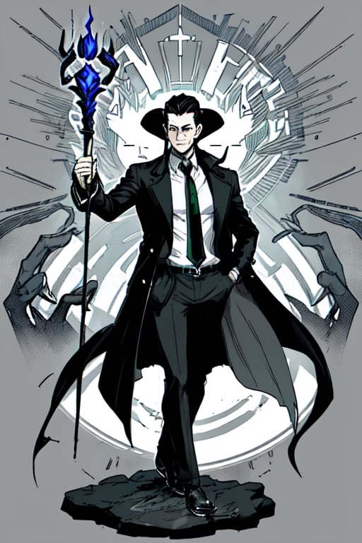 man with a trenchcoat, hands in his pocket, sketchlines, thin silouette, full figure, highly detailed, b&w, loki, staff of power
