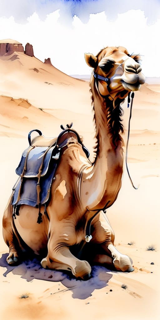 sketch of a camel sitting in the desert, watercolour, monochromatic, rich saddlebags and saddle, faded

