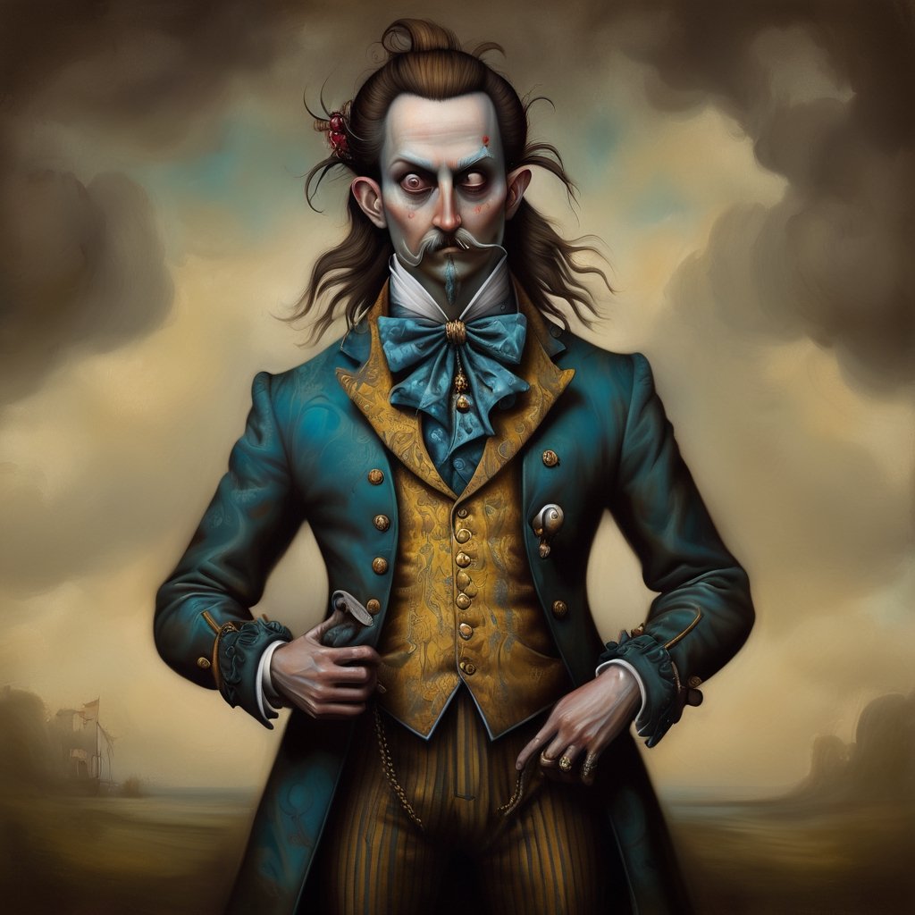 rich_gentleman, in the style of esao andrews, baroque, full figure, hands in pocket