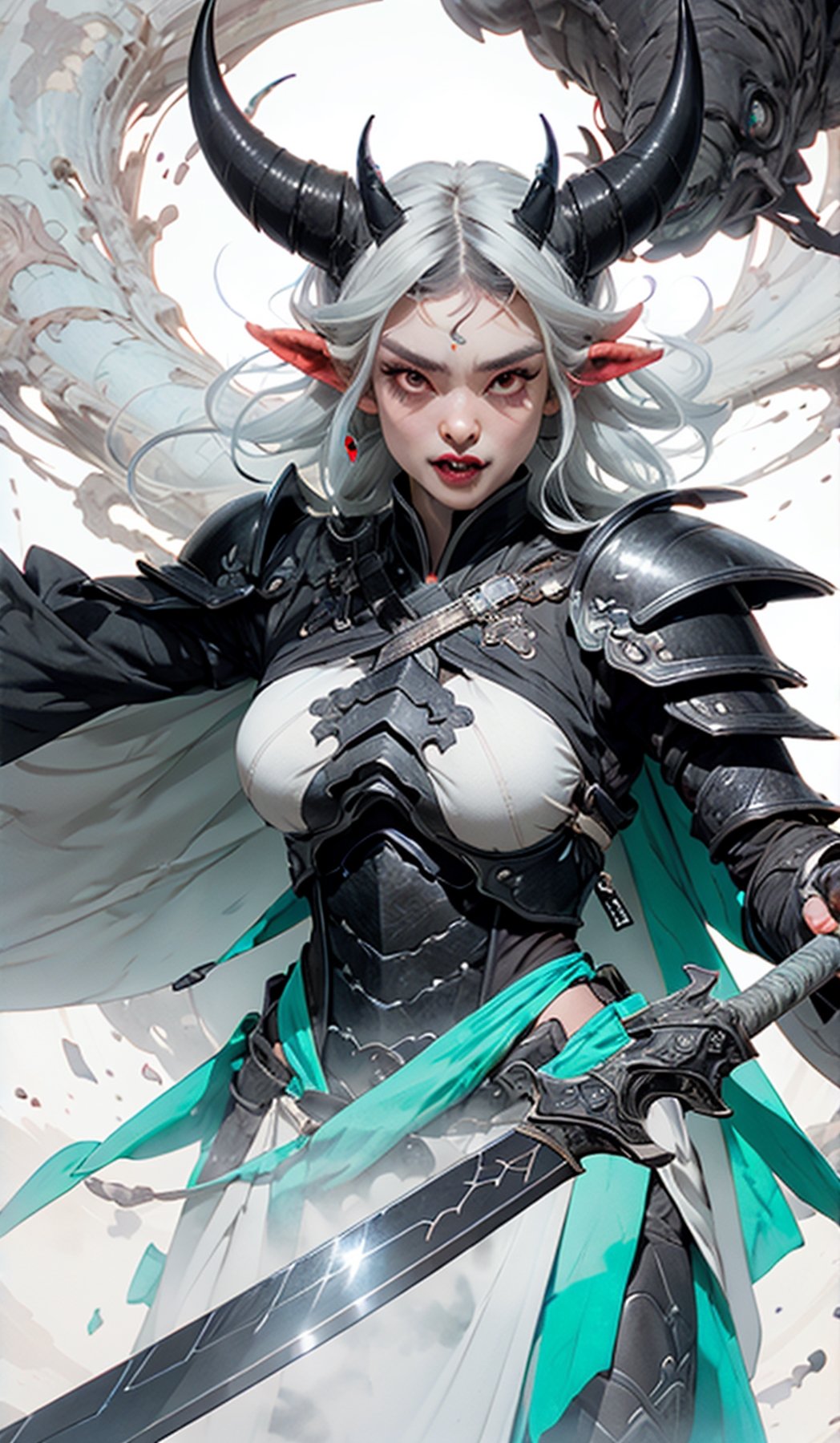 masterpiece, well illustrated, hd, charcoal particles, (((woman, long white hair (black, short horns), red left eye, light blue right eye, long eyelashes, round eyes, fangs, large body, heavy armor ))). (a scythe weapon in one hand), full body, purple light particles floating in the background, light, darkness, bags under the eyes, eyeliner ((watermark, Echo by Yawata)).,fantasy,Circle,weapon