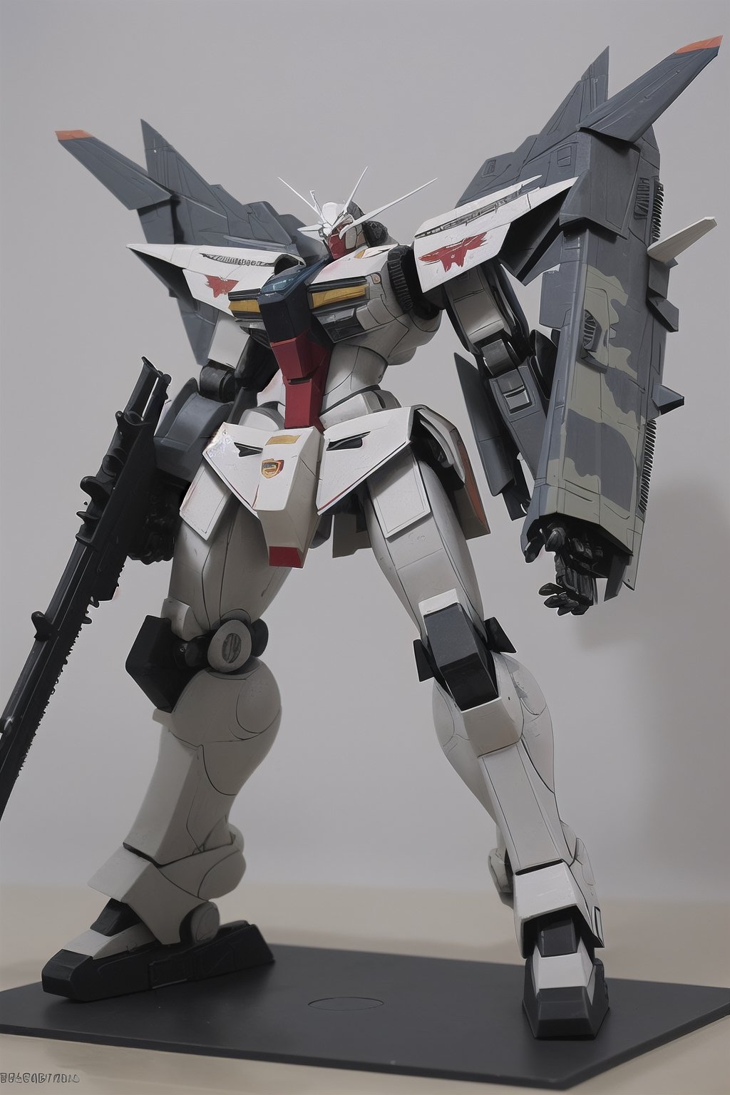 macross_mecha, full figure, F14_tomcat, super_robot, flying_pose, humanoid, combat_airplane, grey, camouflage_paint, full_face_mask, beefy, shoulder cannon, standing pose, big rifle
