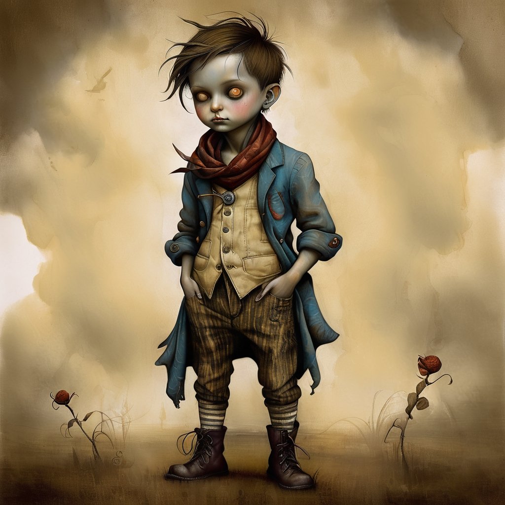 little_boy, in the style of esao andrews, full figure, hands in pocket, rugged_cloths