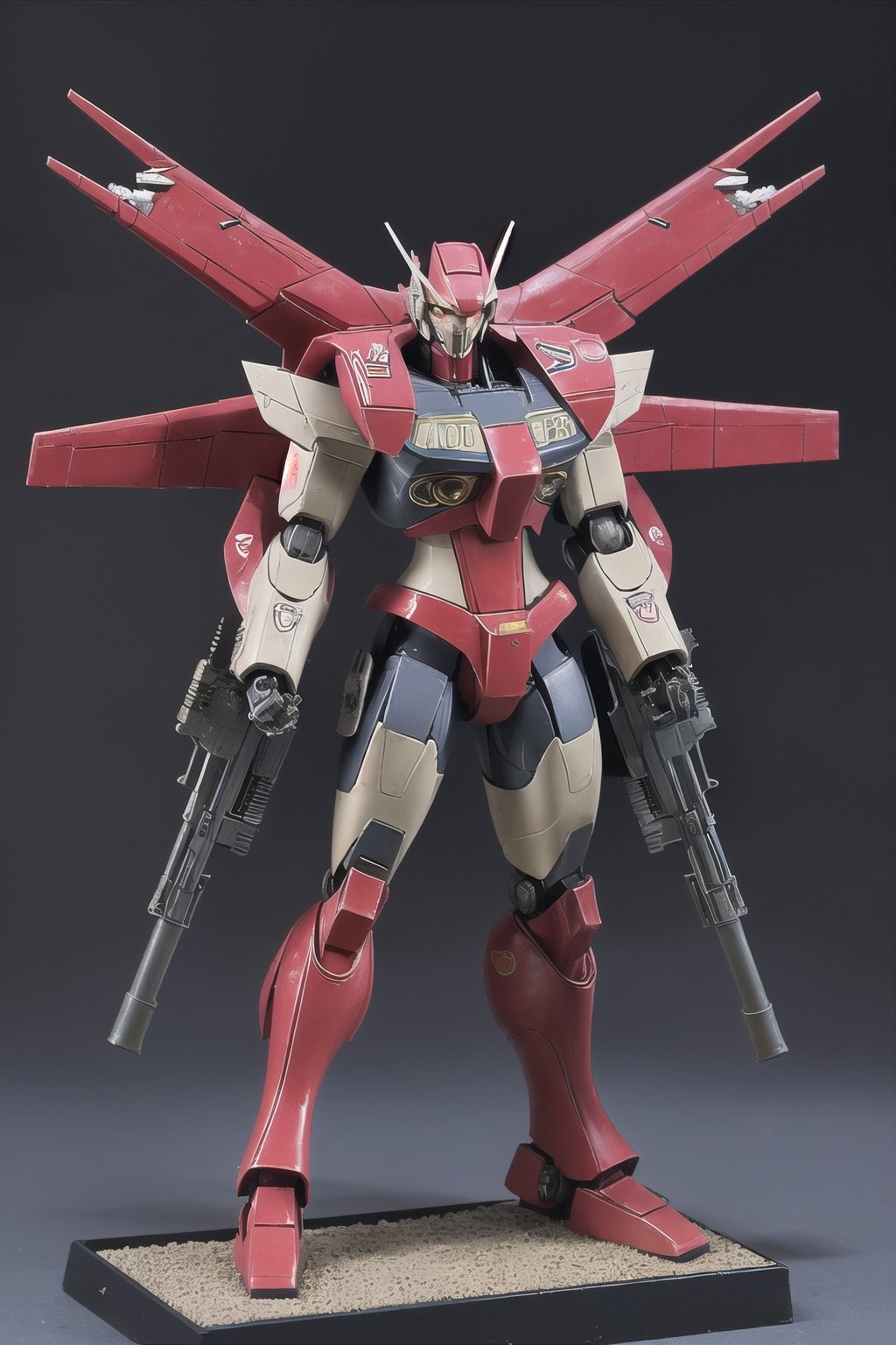 macross_mecha, full figure, F14_tomcat, super_robot, flying_pose, humanoid, combat_airplane, red, camouflage_paint, full_face_mask, beefy, shoulder cannon, standing pose, big rifle
