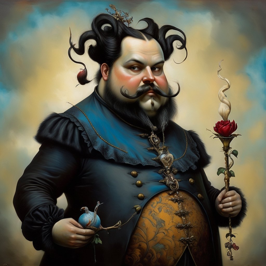 noble fat man, in the style of esao andrews, baroque, black_hair, gothic