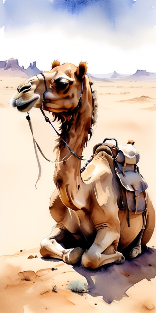 sketch of a camel sitting in the desert, watercolour, monochromatic, rich saddlebags and saddle, faded

