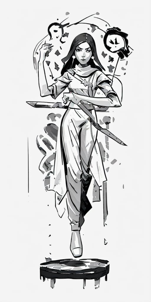 cultist, tunic, mask, full-body_portrait, female,wearing wrenchpjbss,Science Fiction, b&w, dagger,inksketch, action pose