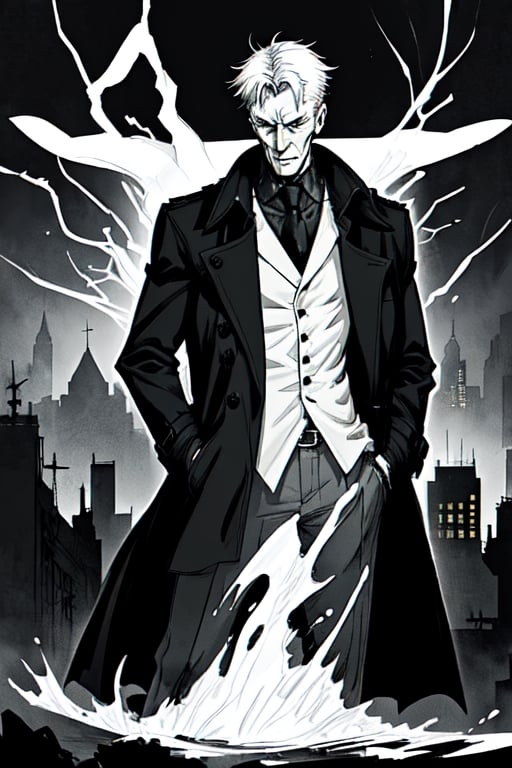 man with a trenchcoat, hands in his pocket, sketchlines, thin silouette, full figure, highly detailed, b&w, the sandman, dream, the endless
