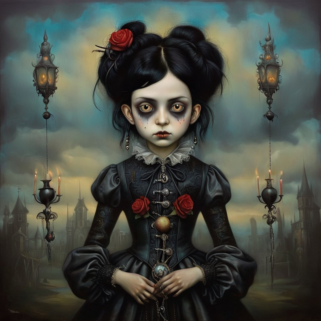 teenager, in the style of esao andrews, baroque, black_hair, gothic