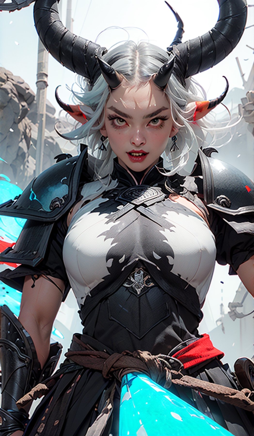 masterpiece, well illustrated, hd, charcoal particles, (((woman, long white hair (black, short horns), red left eye, light blue right eye, long eyelashes, round eyes, fangs, large body, heavy armor ))). (a scythe weapon in one hand), full body, purple light particles floating in the background, light, darkness, bags under the eyes, eyeliner ((watermark, Echo by Yawata)).,fantasy,Circle,weapon