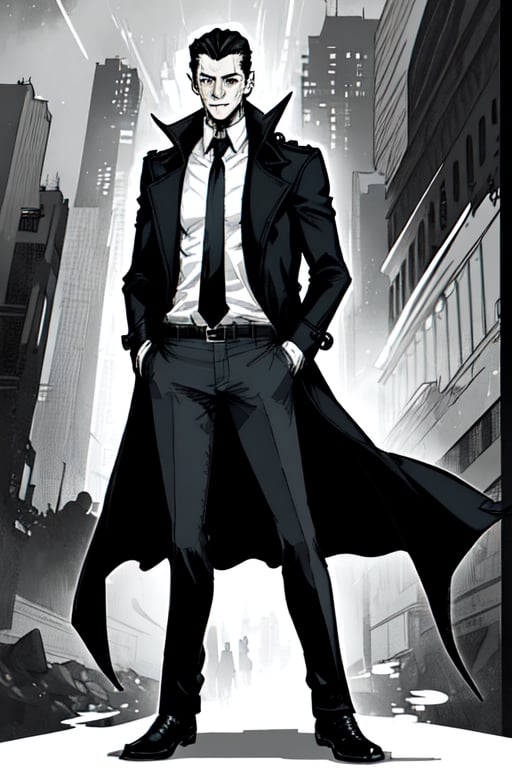 man with a trenchcoat, hands in his pocket, sketchlines, thin silouette, full figure, highly detailed, b&w, loki
