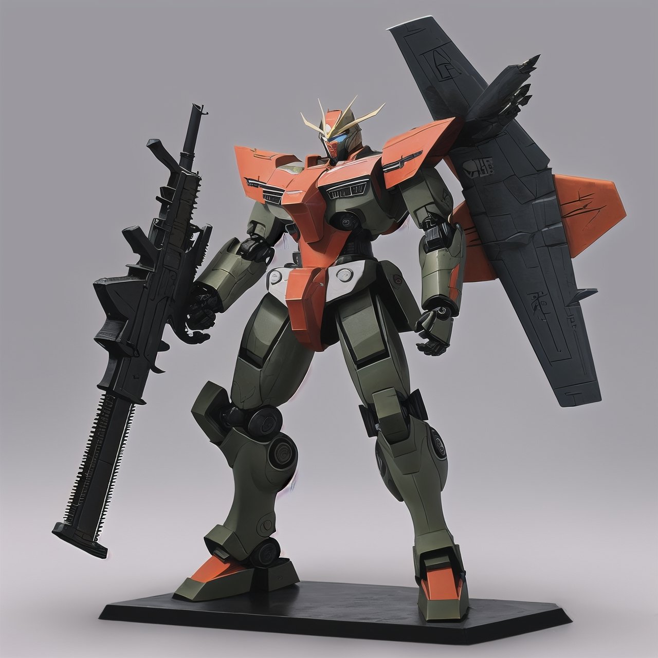 macross_mecha, full figure, F14_tomcat, super_robot, flying_pose, humanoid, combat_airplane, black&orange, camouflage_paint, full_face_mask, beefy, shoulder cannon, standing pose, big rifle, larger_legs, big calves
