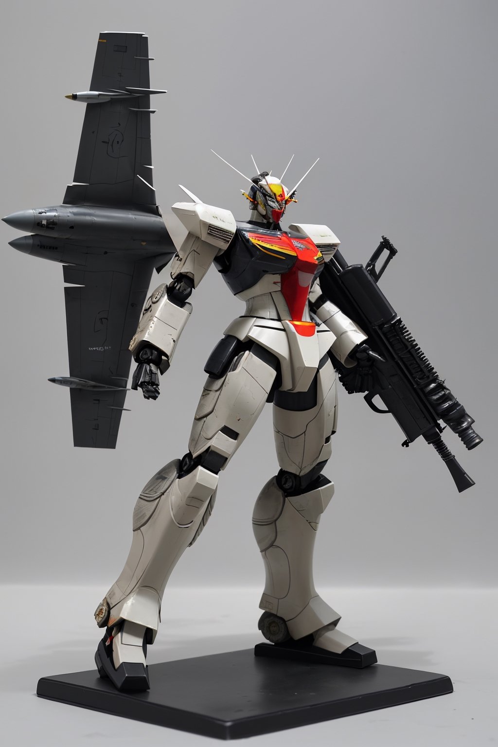 macross_mecha, full figure, F14_tomcat, super_robot, flying_pose, humanoid, combat_airplane, grey, camouflage_paint, full_face_mask, beefy, shoulder cannon, standing pose, big rifle
