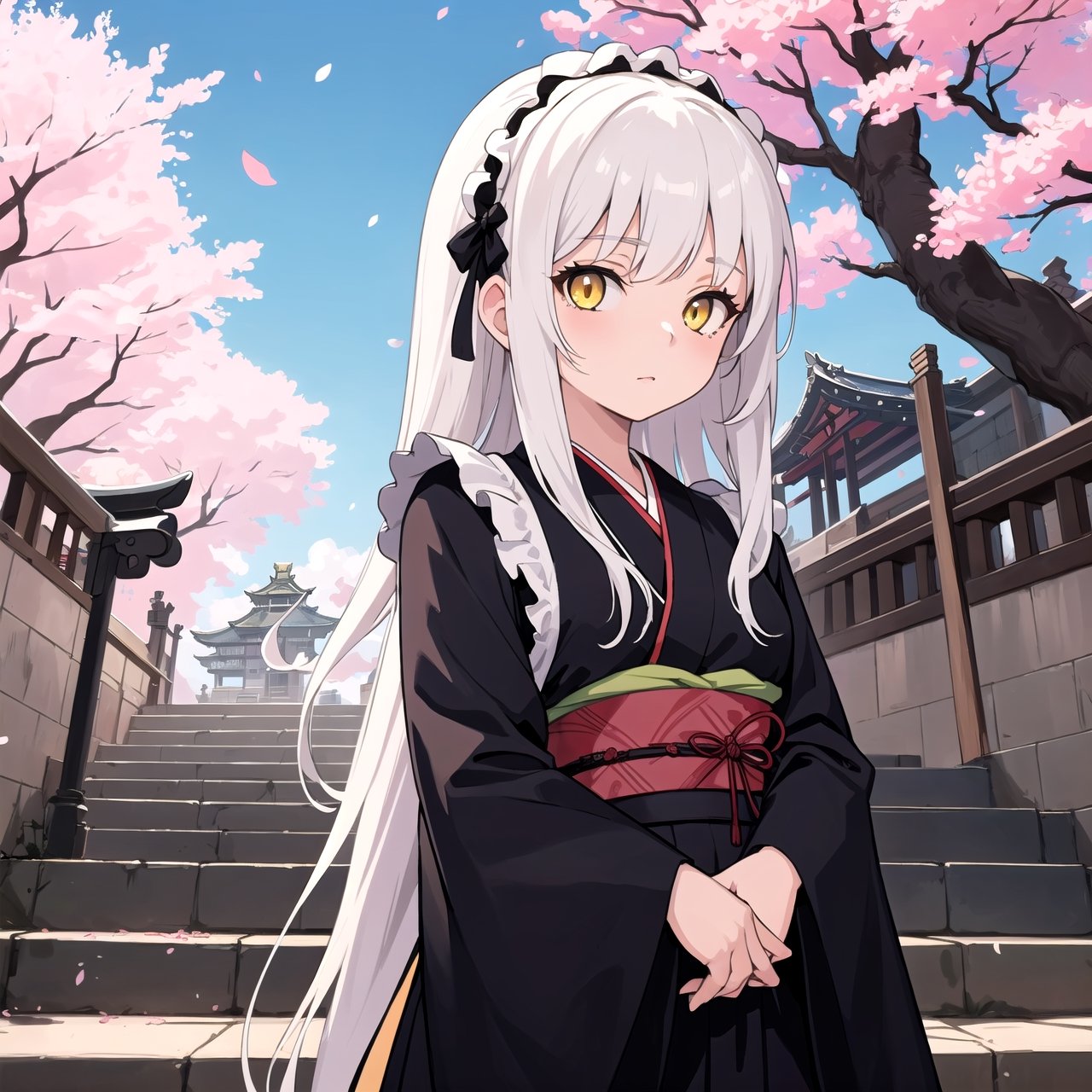 masterpiece, best quality, 1girl, yellow eyes, long hair, white hair, tree, stairs, standing, kimono, sky, dead cherry blossoms, temple, looking at viewer, upper body, from below, lady_raven, black, gothic_lolita