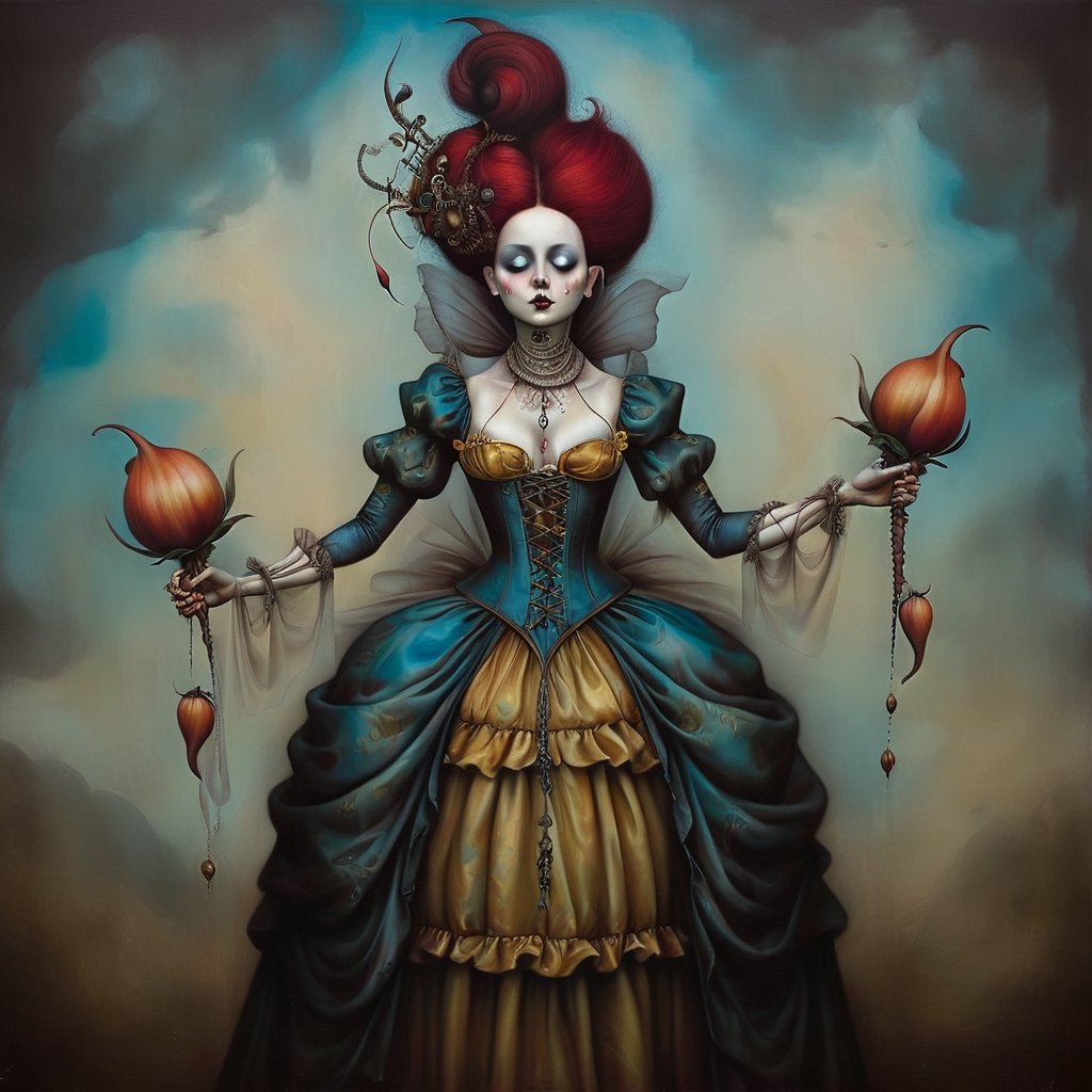 female, in the style of esao andrews, baroque, gothic, full figure