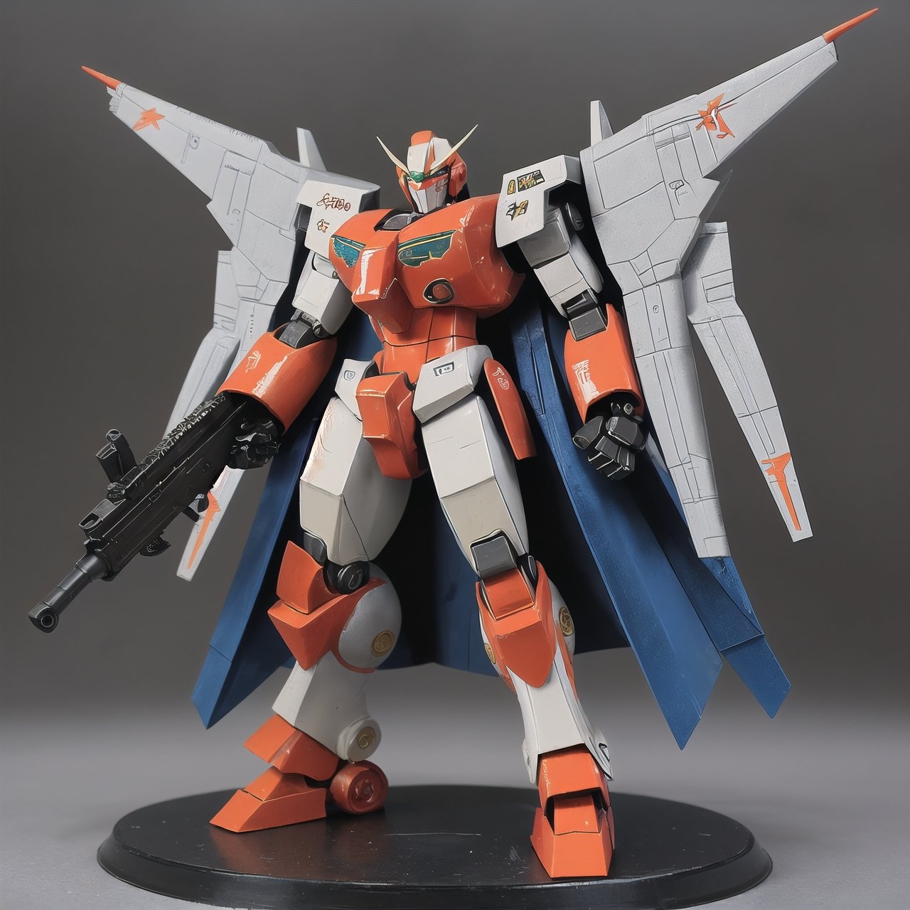 macross_mecha, full figure, F14_tomcat, super_robot, flying_pose, humanoid, combat_airplane, black&orange, camouflage_paint, full_face_mask, beefy, shoulder cannon, standing pose, big rifle, larger_legs, big calves
