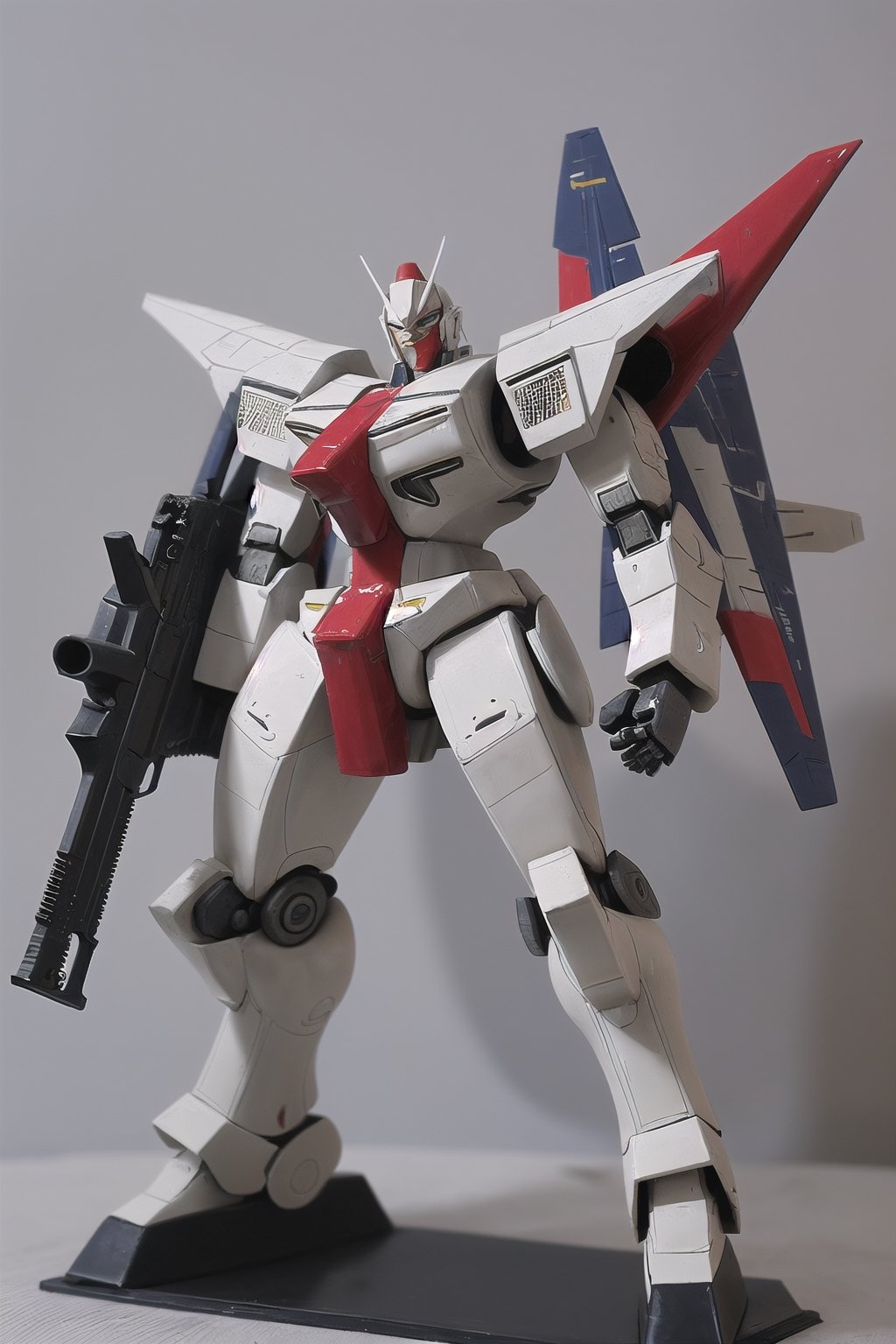 macross_mecha, full figure, F14_tomcat, super_robot, flying_pose, humanoid, combat_airplane, grey, camouflage_paint, full_face_mask, beefy, shoulder cannon, standing pose, big rifle
