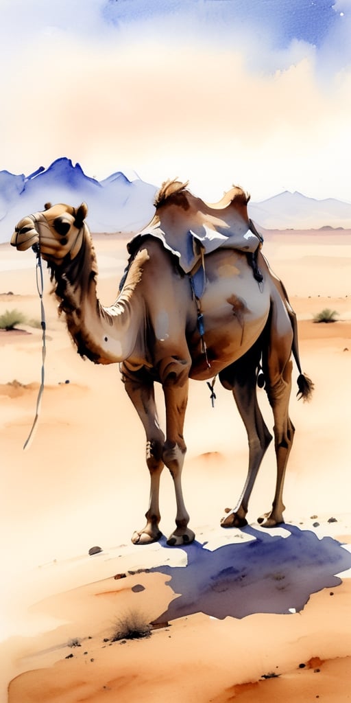 sketch of a camel walking in the desert, watercolour, monochromatic, rich saddlebags

