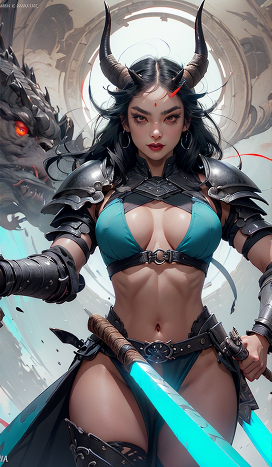 masterpiece, well illustrated, hd, charcoal particles, (((woman, long black hair (black, short horns), red left eye, light blue right eye, long eyelashes, round eyes, fangs, large body, heavy armor ))). (a scythe weapon in one hand), full body, purple light particles floating in the background, light, darkness, bags under the eyes, eyeliner ((watermark, Echo by Yawata)).,fantasy,Circle,weapon, lingerie, sexy