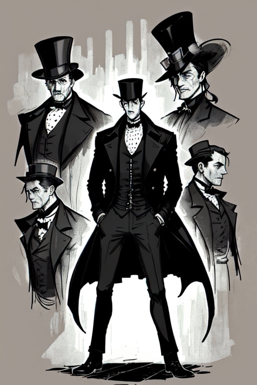 man with a trenchcoat, hands in his pocket, sketchlines, thin silouette, full figure, highly detailed, b&w, victorian
