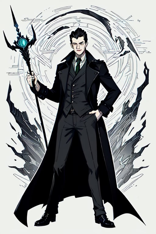 man with a trenchcoat, hands in his pocket, sketchlines, thin silouette, full figure, highly detailed, b&w, loki, staff of power

