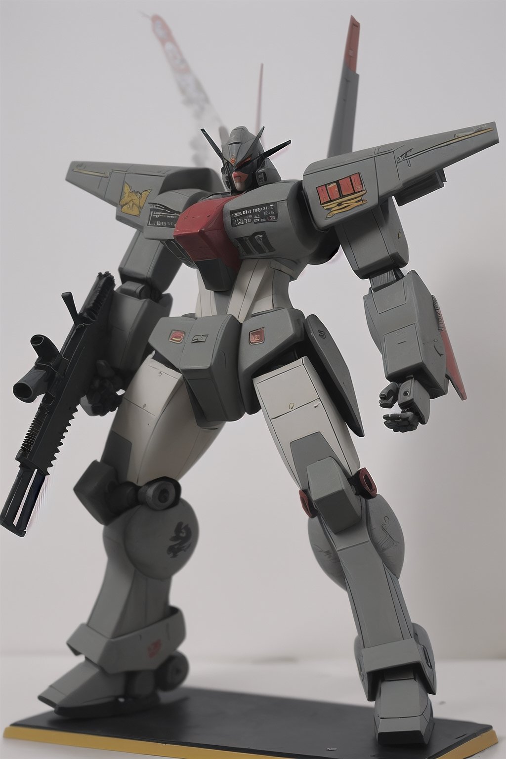 macross_mecha, full figure, F14_tomcat, super_robot, flying_pose, humanoid, combat_airplane, grey, camouflage_paint, full_face_mask, beefy, shoulder cannon, standing pose, big rifle
